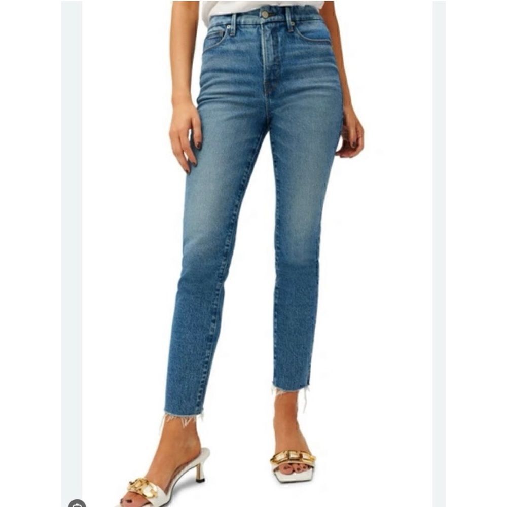 Good American classic high waist jeans raw hem blue754